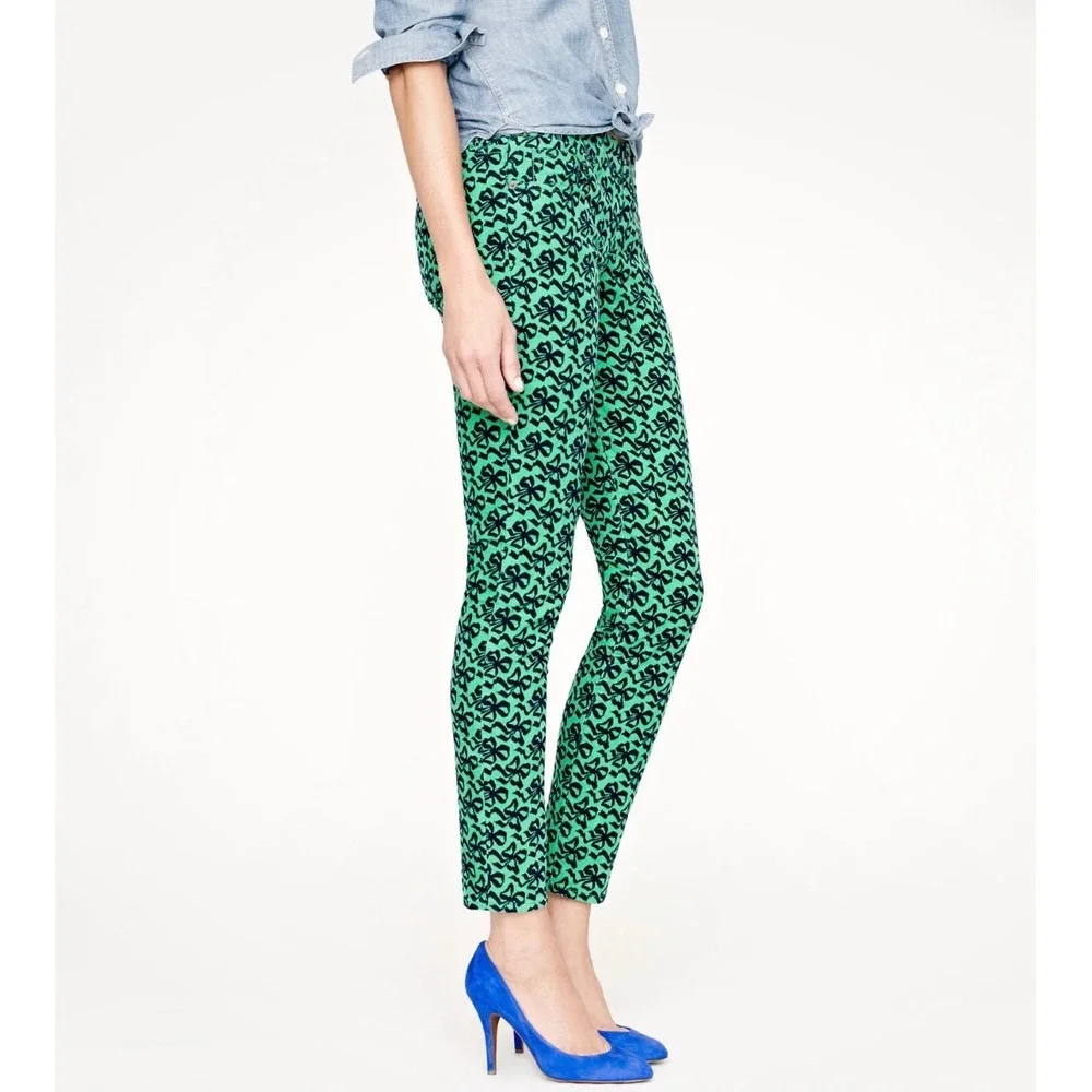 J.Crew Toothpick Corduroy Pants Green Navy blue Bow‎ Print Womens Size 32 Cotton